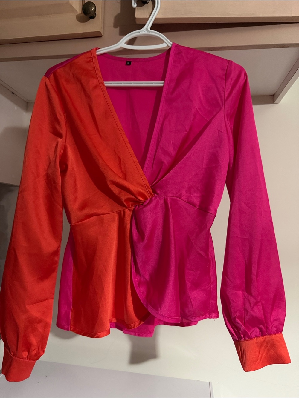 Colorblock Pink & Orange satin Wrap-Front Women's Top
